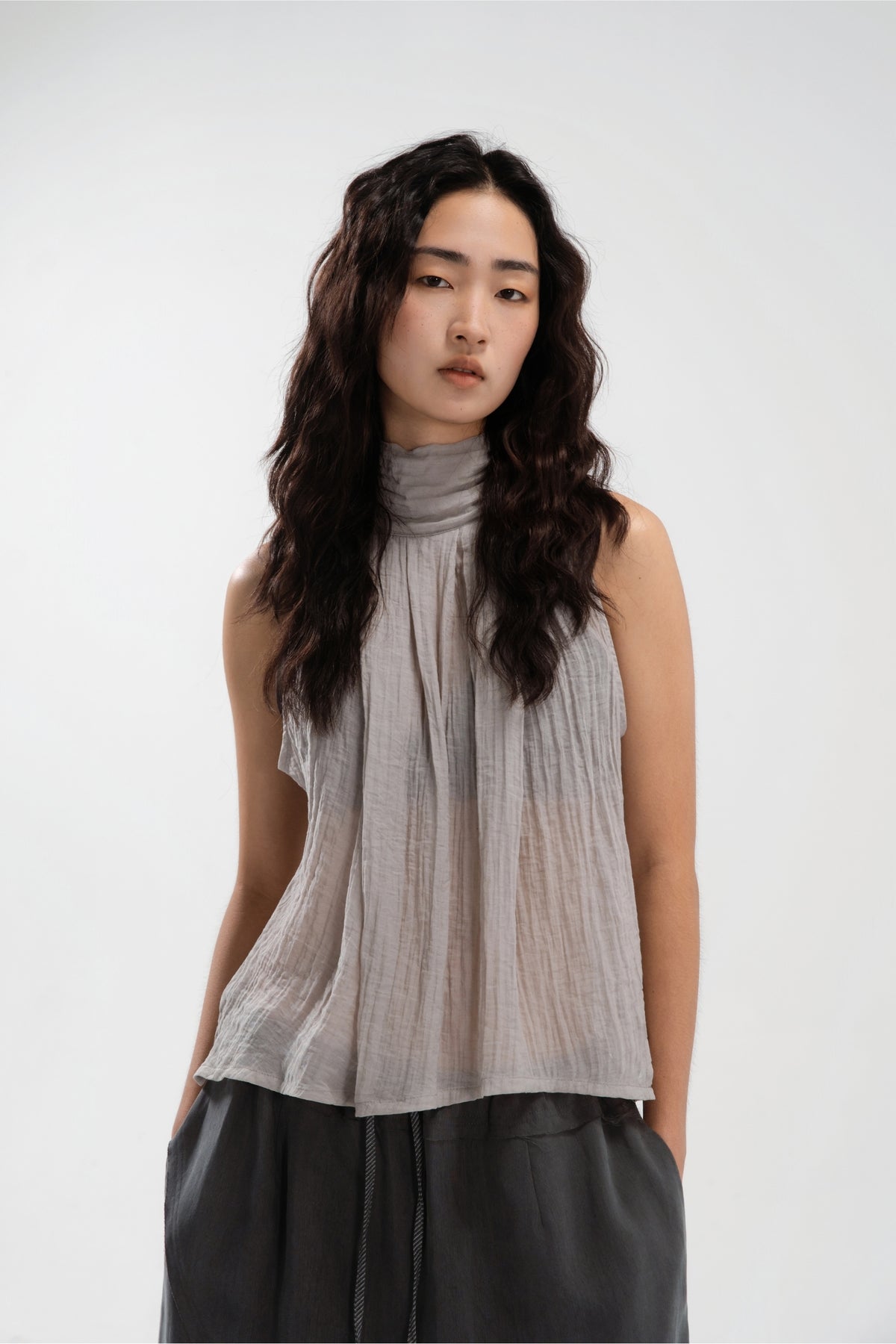 Sheer Pleated High Neck Scarf Top (Cool Grey)