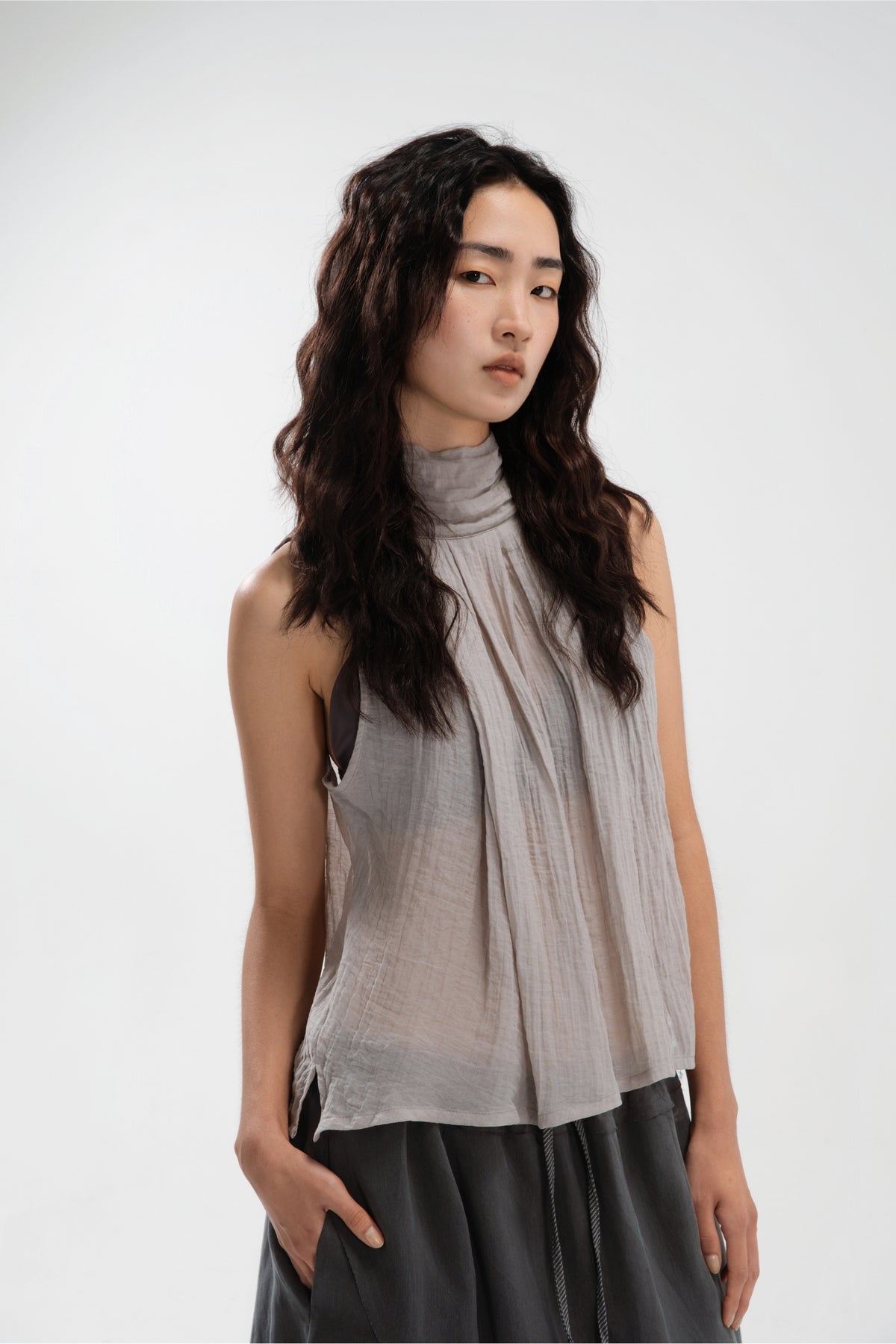 Sheer Pleated High Neck Scarf Top (Cool Grey)