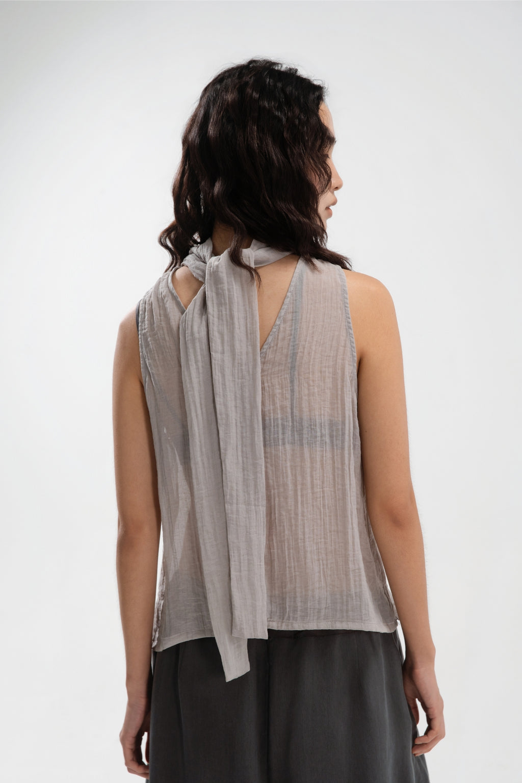 Sheer Pleated High Neck Scarf Top (Cool Grey)