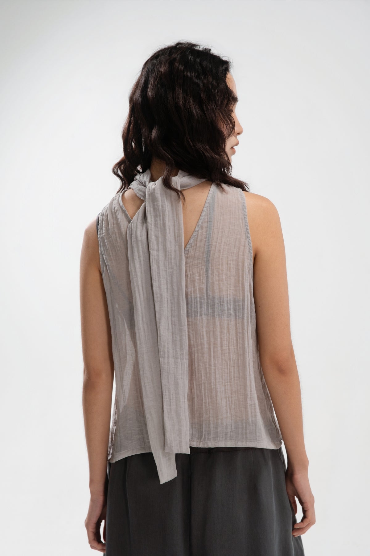 Sheer Pleated High Neck Scarf Top (Cool Grey)