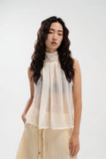 Sheer Pleated High Neck Scarf Top (Light Yellow)