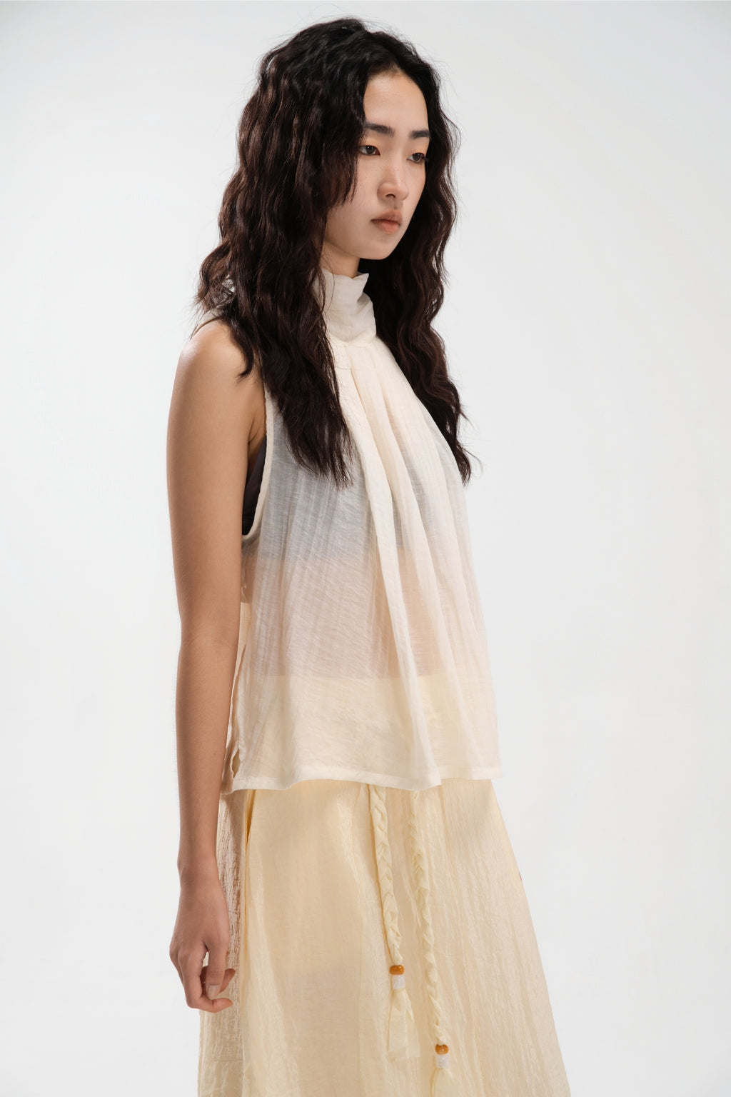 Sheer Pleated High Neck Scarf Top (Light Yellow)