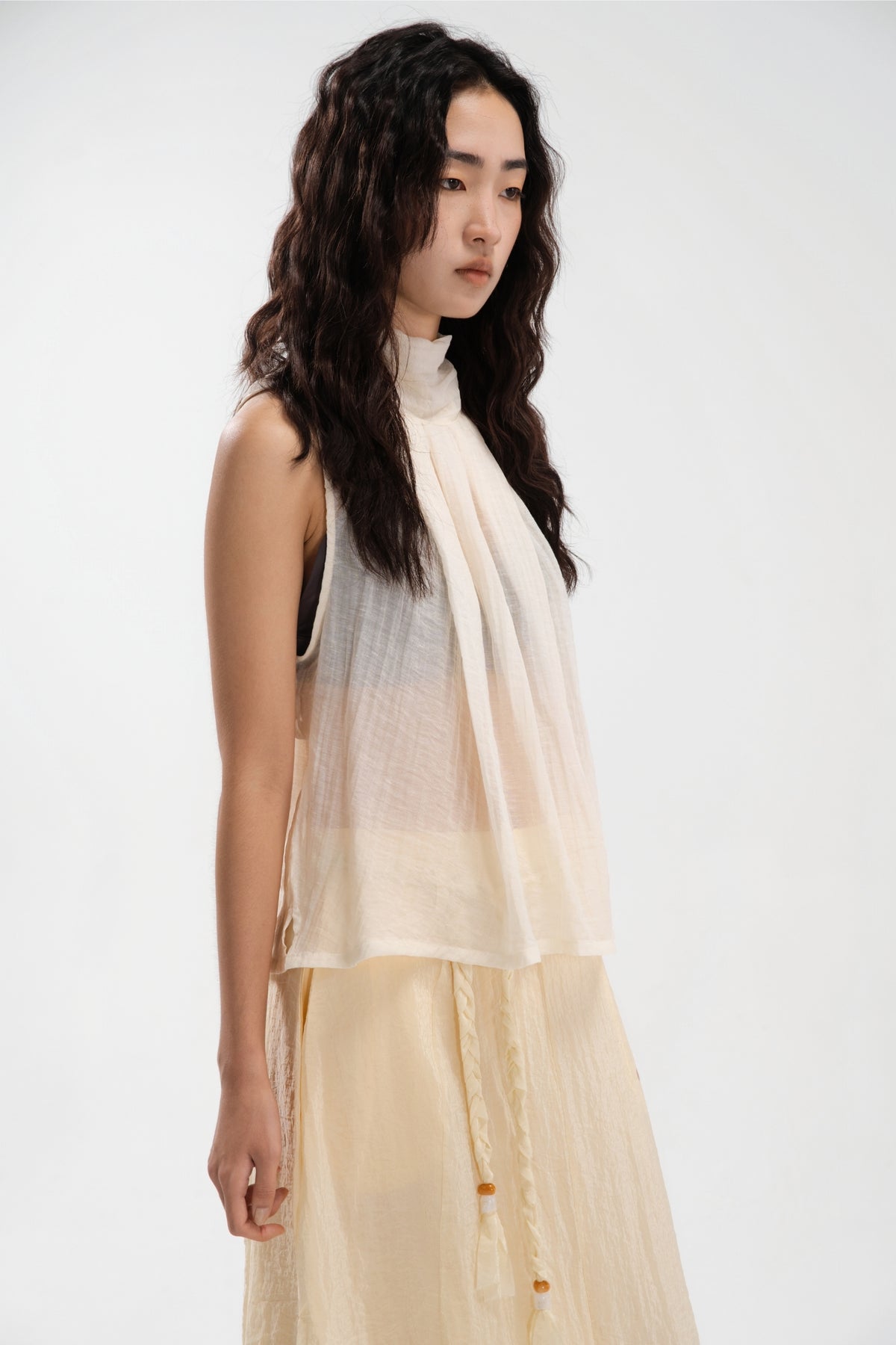 Sheer Pleated High Neck Scarf Top (Light Yellow)
