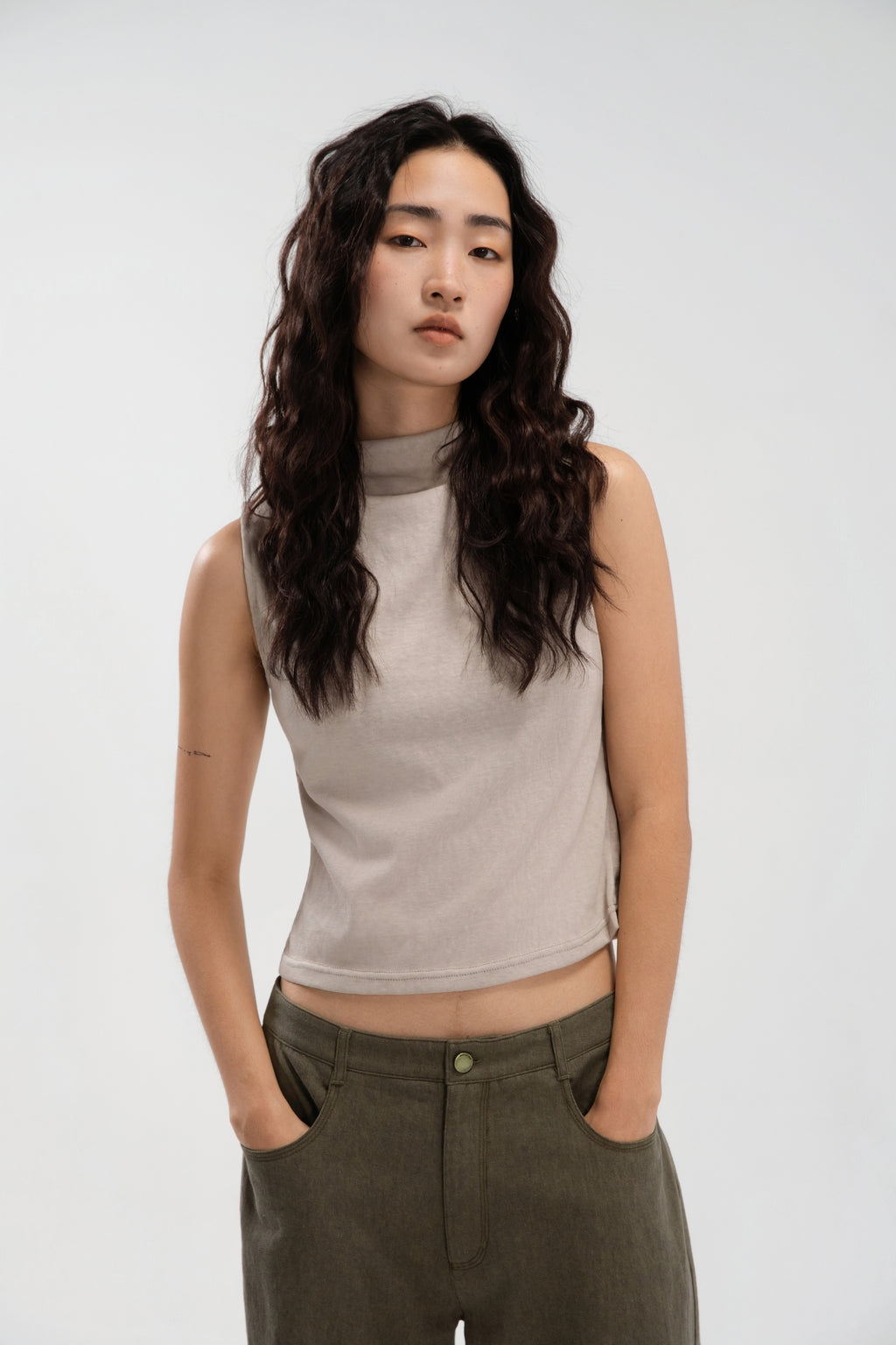 Slouchy Knit Semi High Neck Tank Top (Beige)