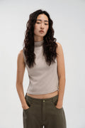 Slouchy Knit Semi High Neck Tank Top (Beige)