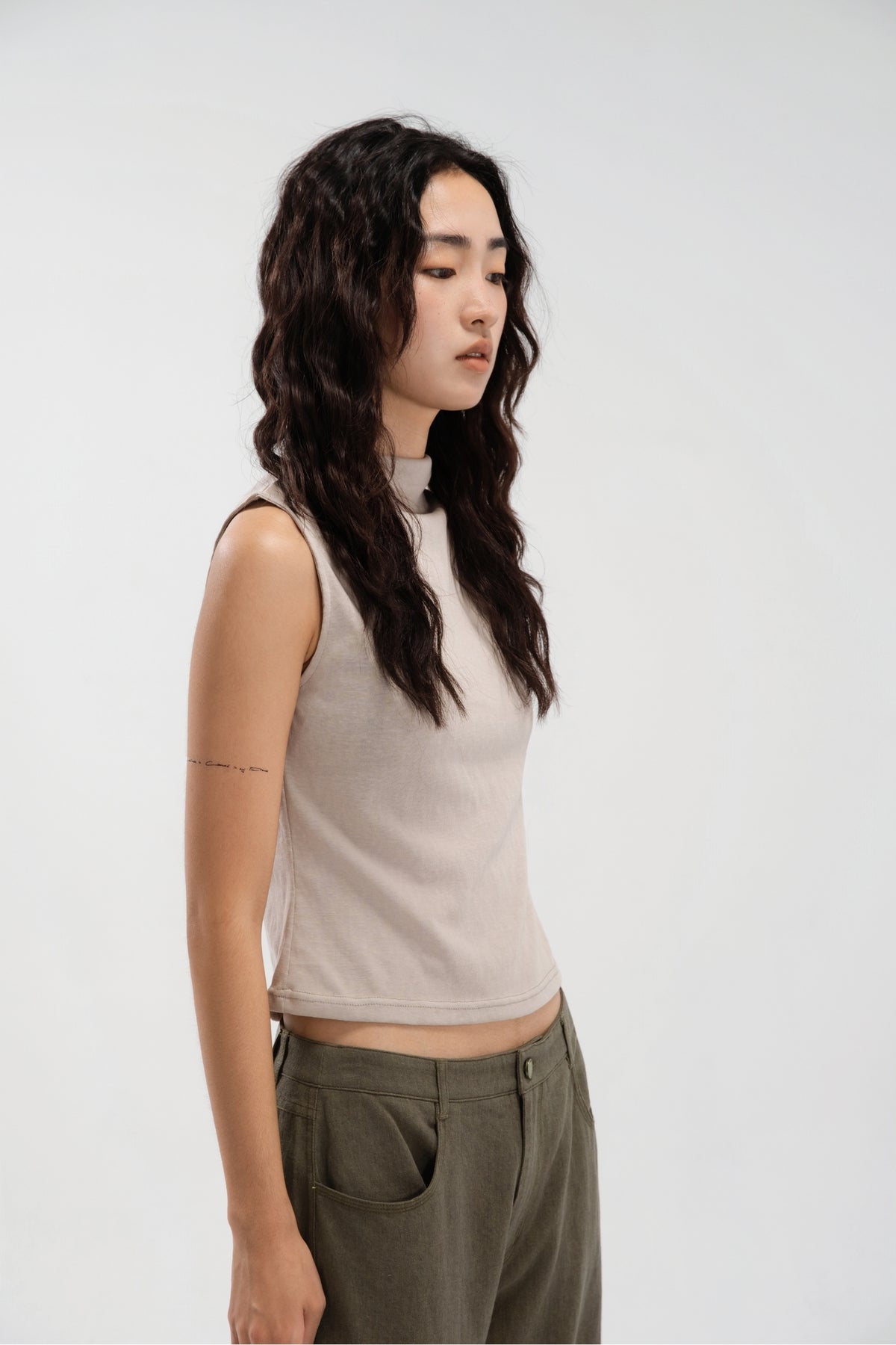 Slouchy Knit Semi High Neck Tank Top (Beige)