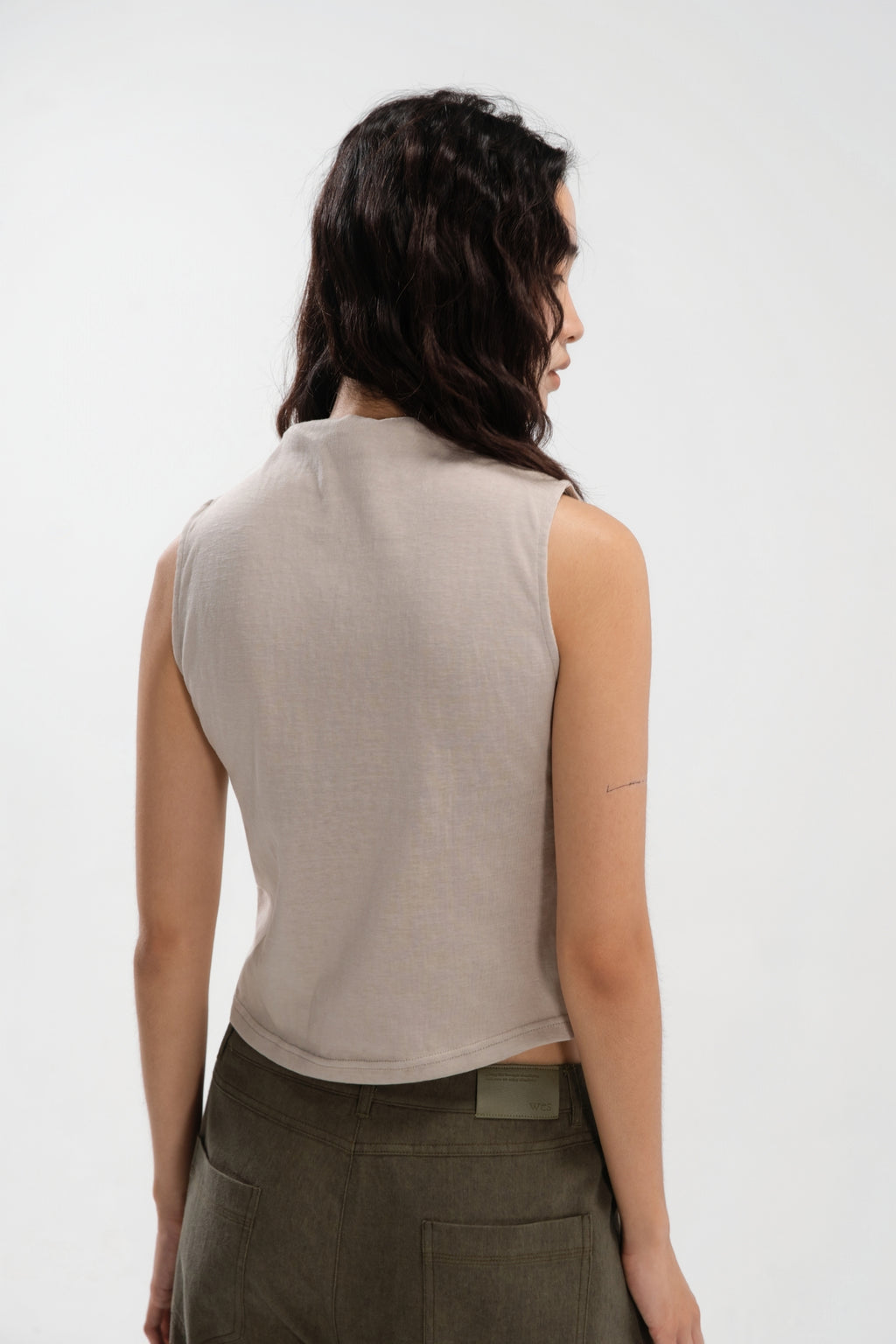 Slouchy Knit Semi High Neck Tank Top (Beige)
