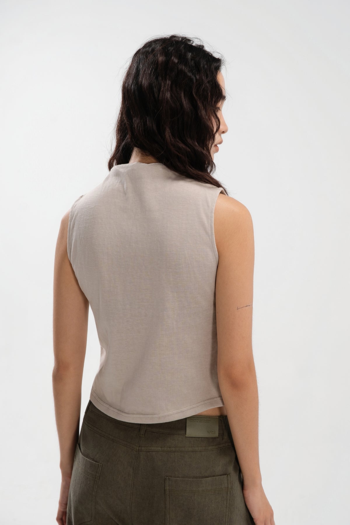 Slouchy Knit Semi High Neck Tank Top (Beige)