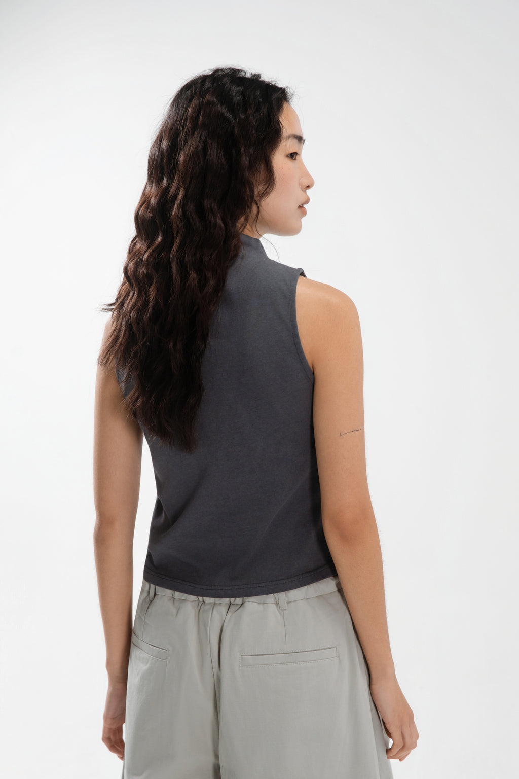 Slouchy Knit Semi High Neck Tank Top (Blue)