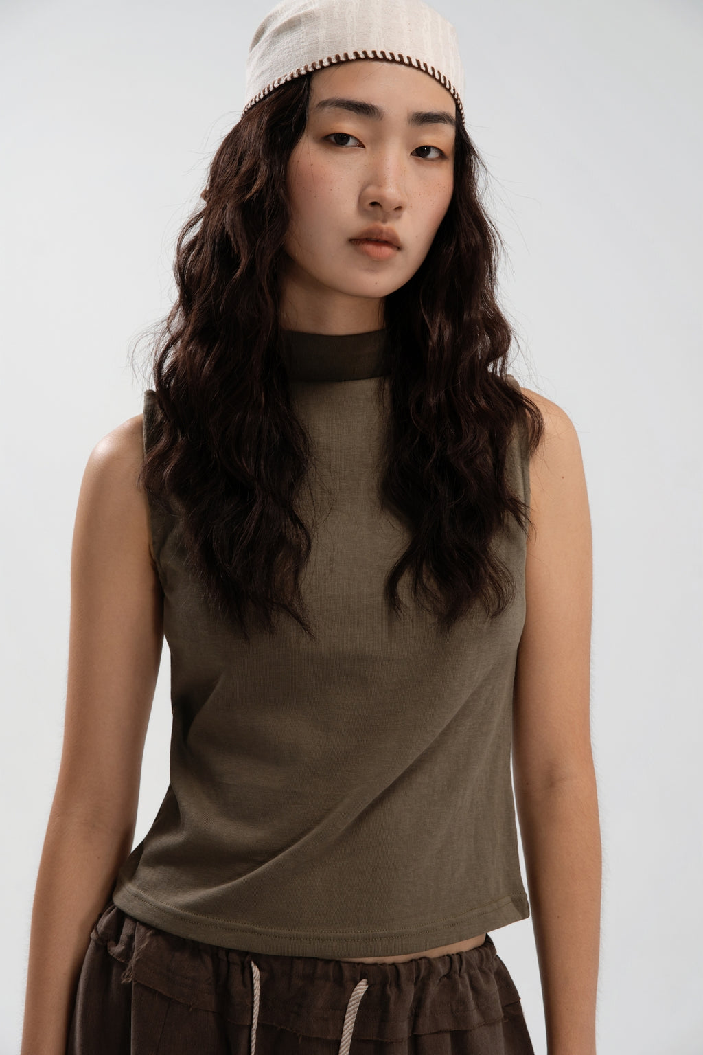 Slouchy Knit Semi High Neck Tank Top (Tea)