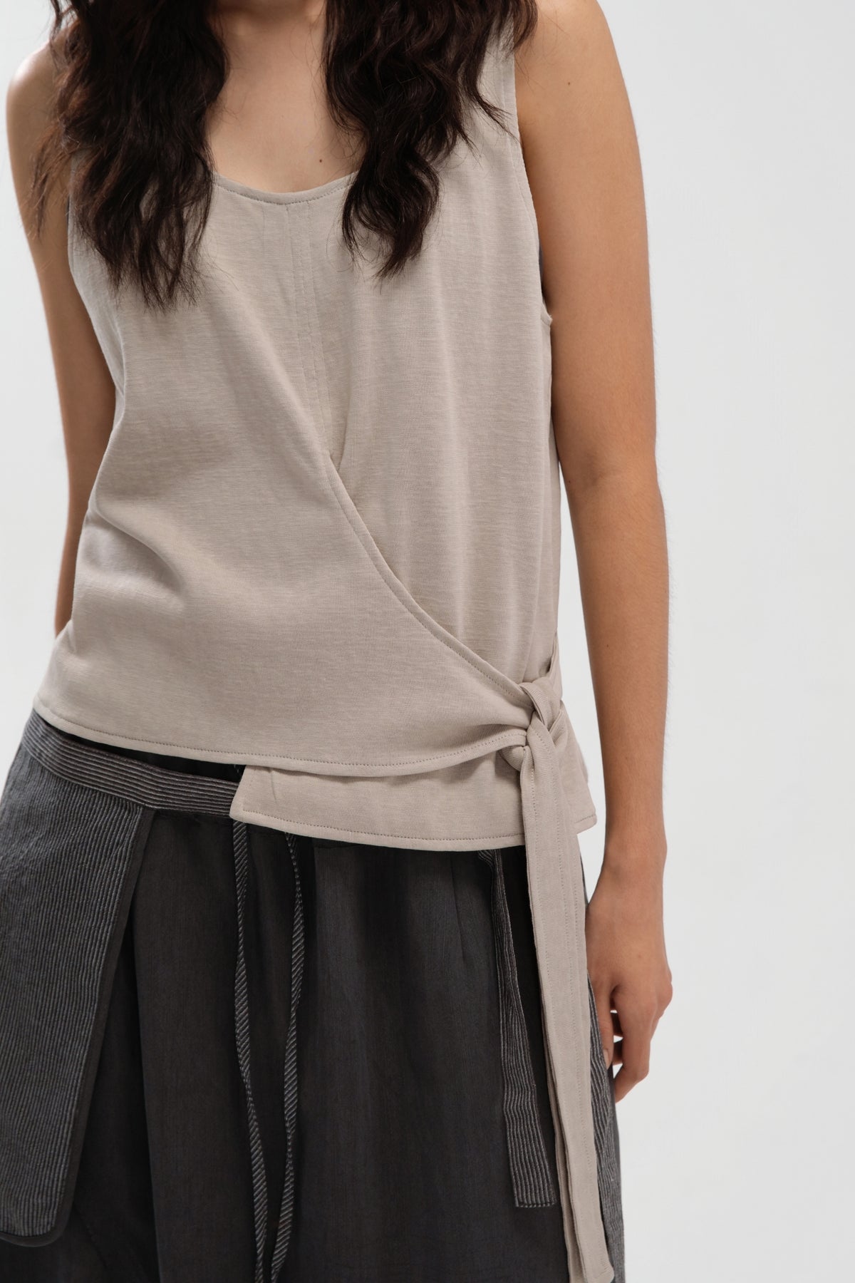 Slouchy Knit Slit-Wrap Tank Top (Beige)