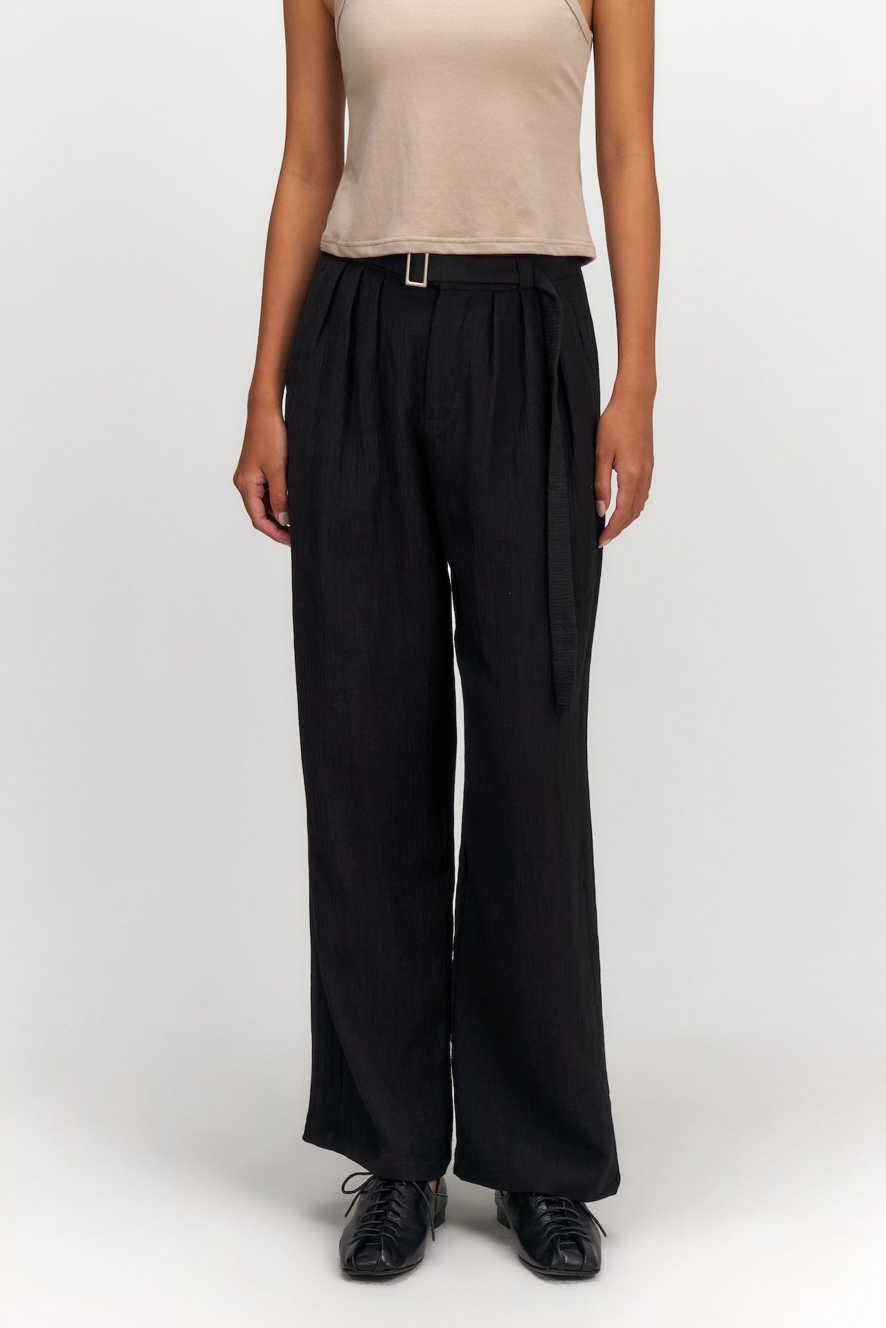 Tri Pleated Belted Trousers (Black)
