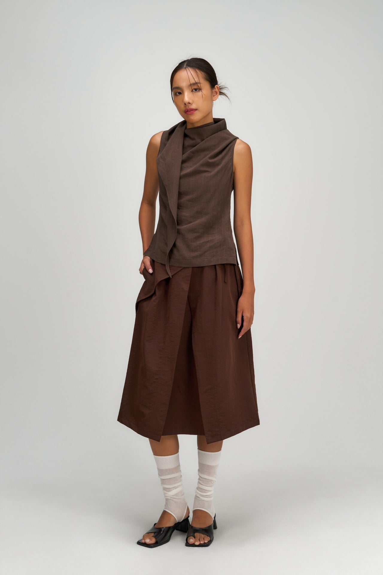 Waist Bandeu Layering Skirt - Midi (Brown)