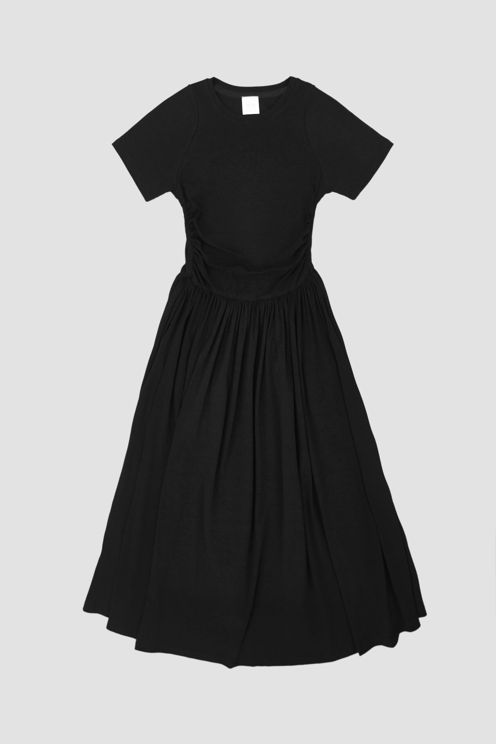 Knitted Curved Shoulder Gather Dress Black
