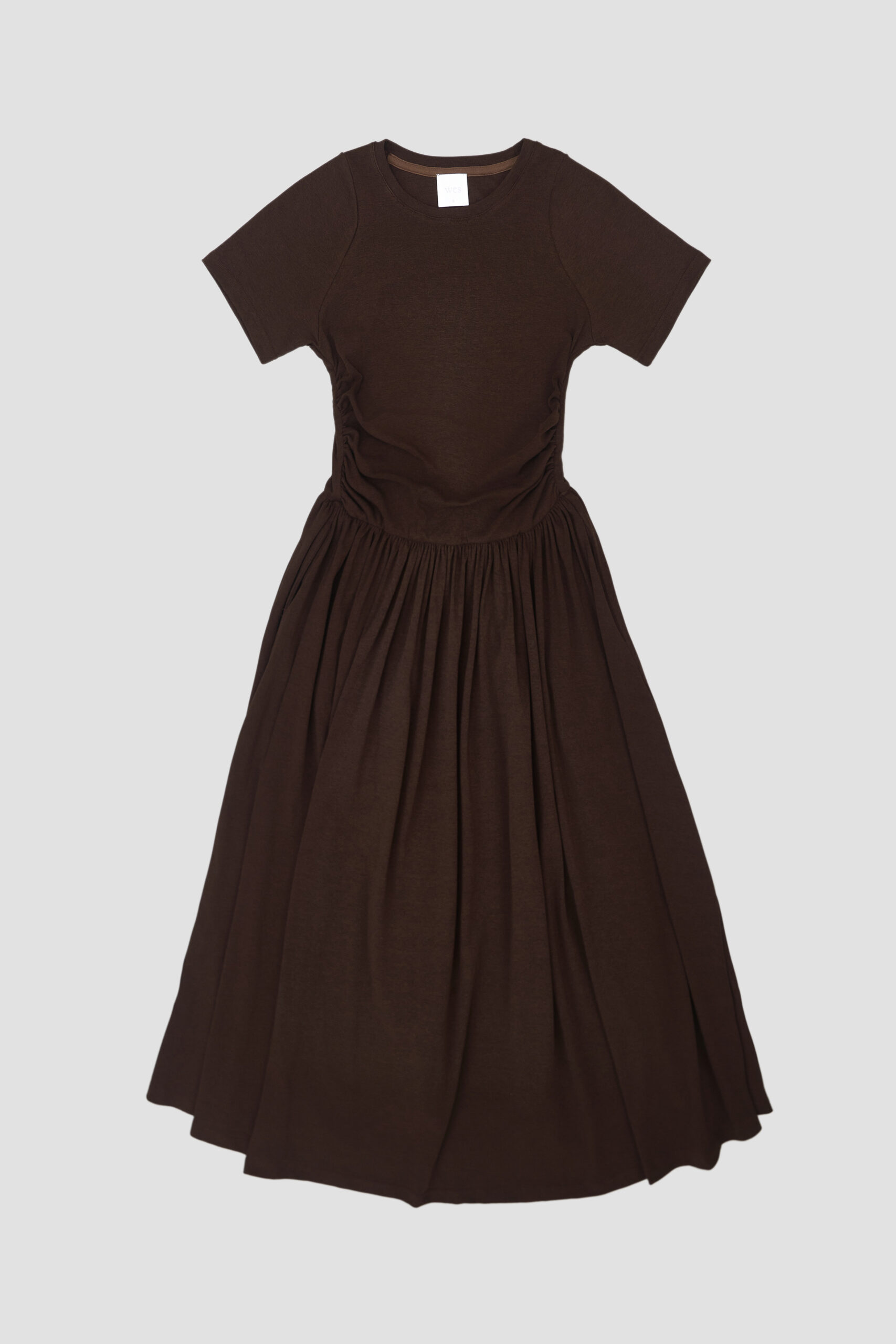 Knitted Curved Shoulder Gather Dress Brown