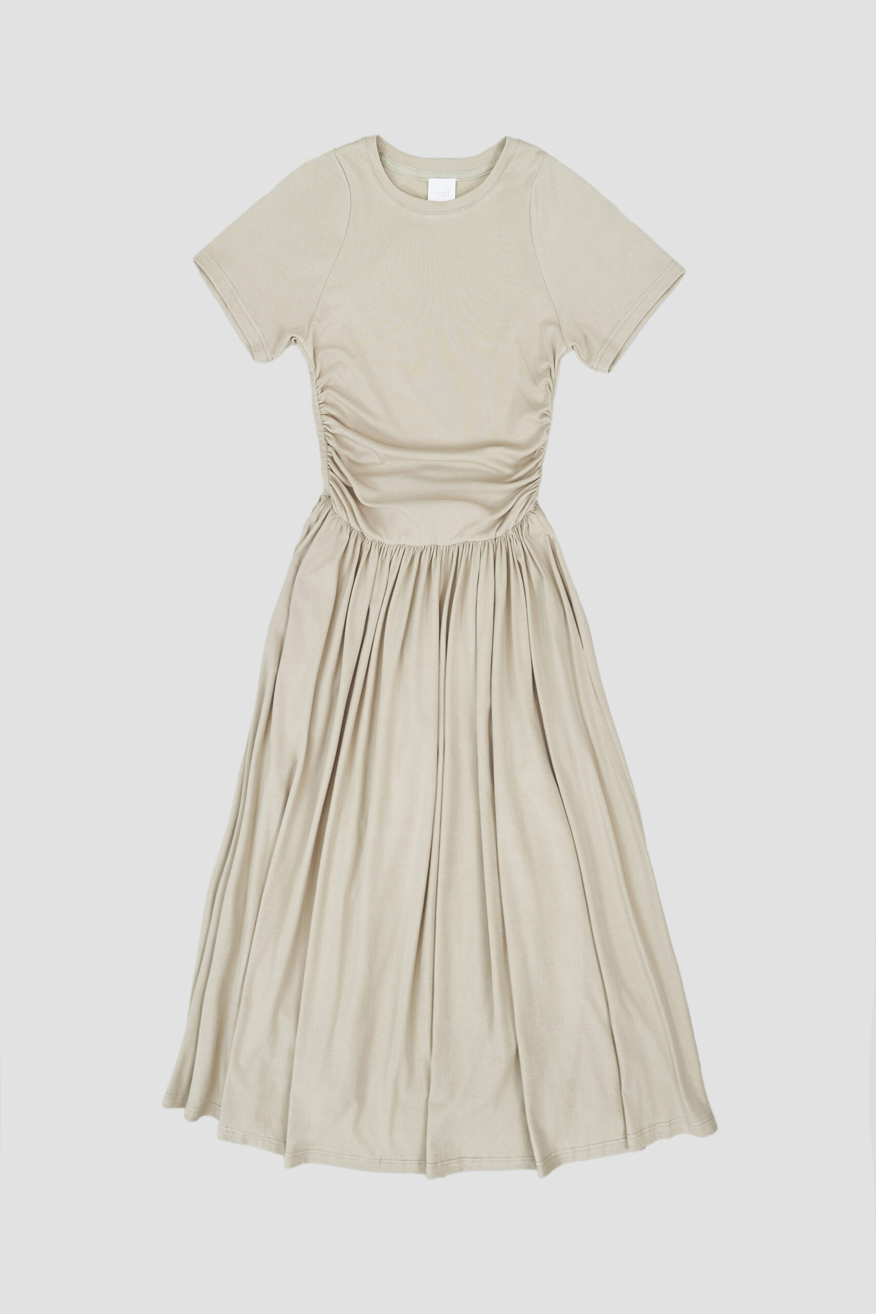 Knitted Curved Shoulder Gather Dress Olive Grey