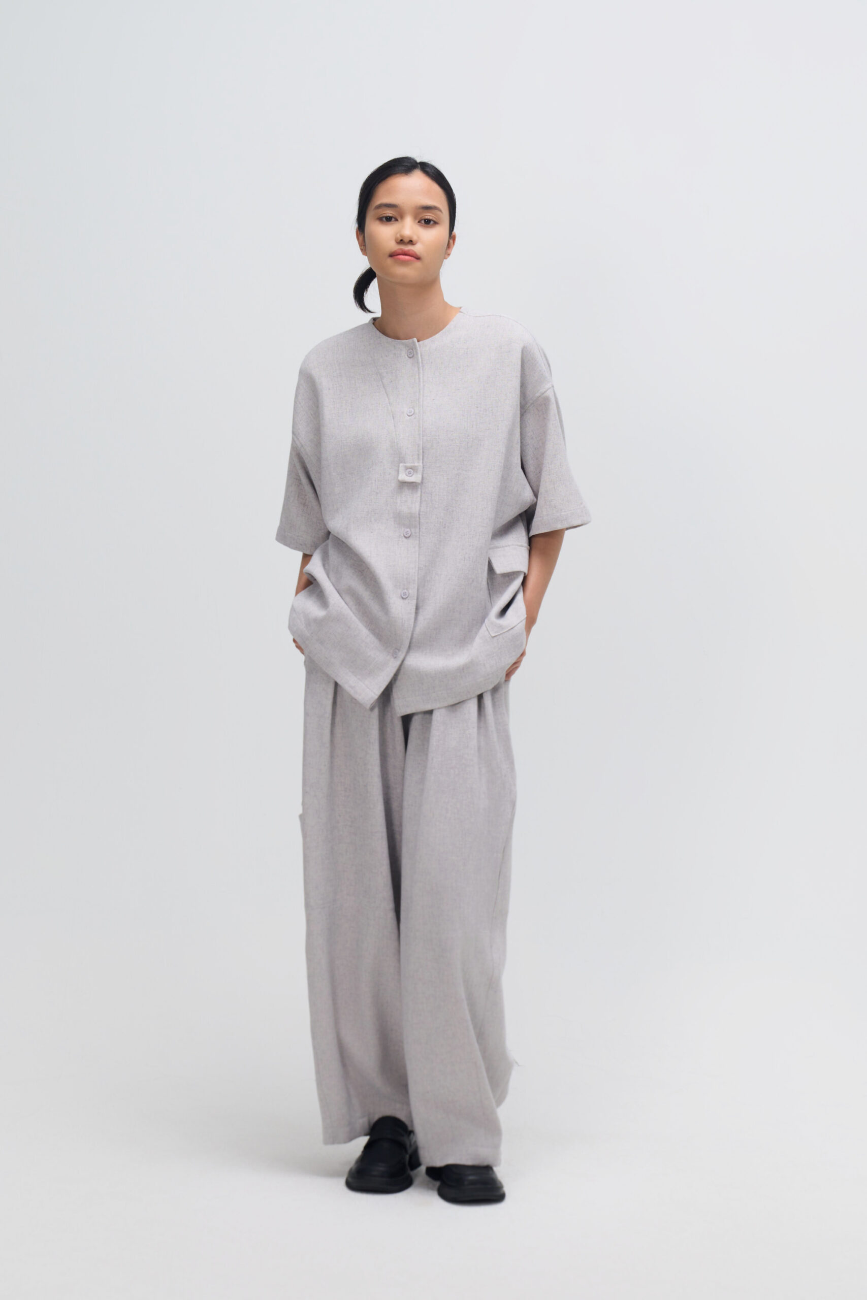 Gender Neutral Oversized Drop Shoulder Boxy Shirt (Grey Grain) 9