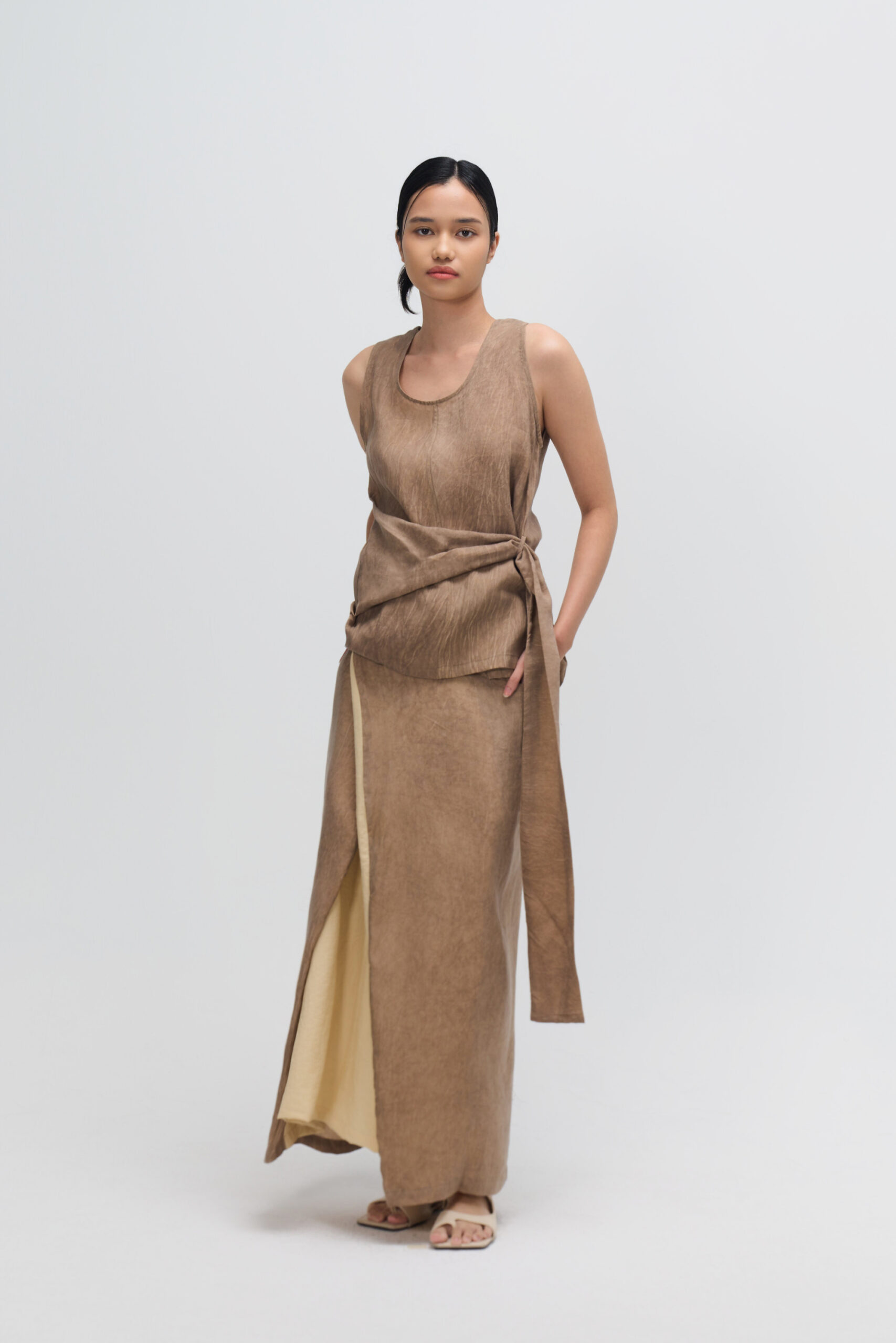 Tie Dye Waist Draped Tank Top (Brown) 3