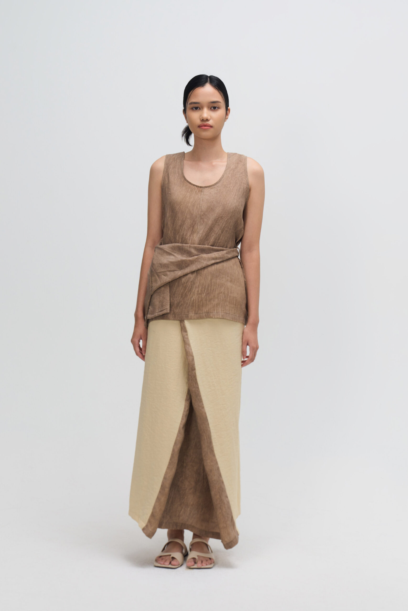 Tie Dye Waist Draped Tank Top (Brown) 6