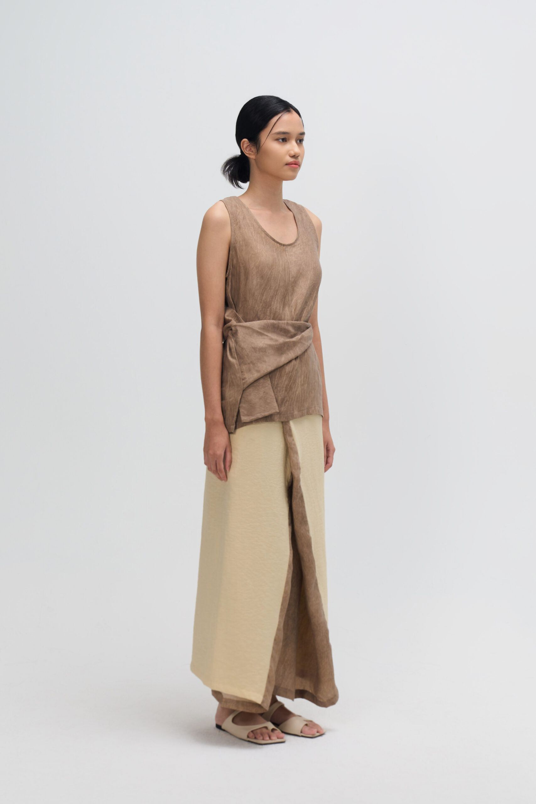 Tie Dye Waist Draped Tank Top (Brown) 7