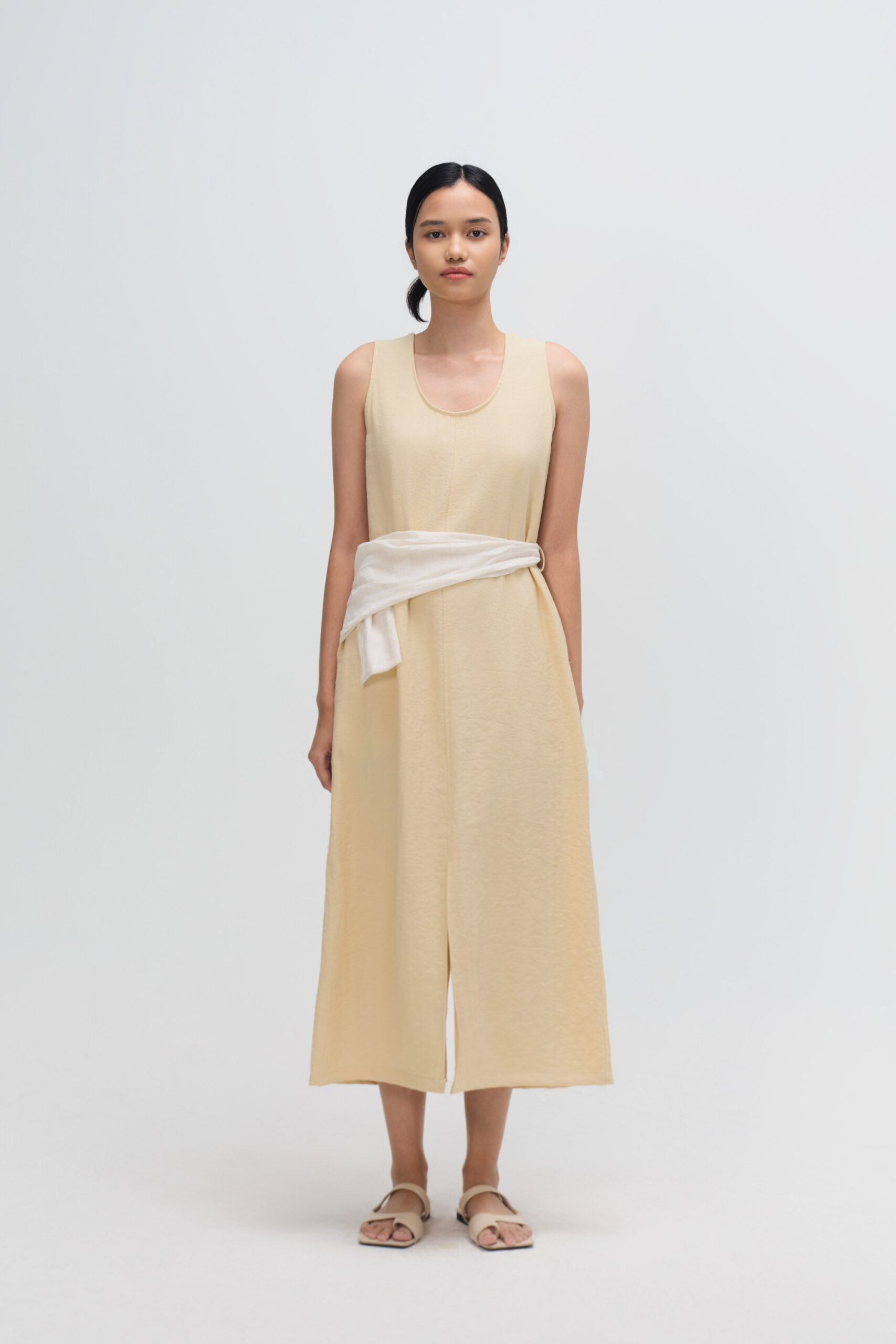 Waist Draped Maxi Tank Dress (Beige) 1