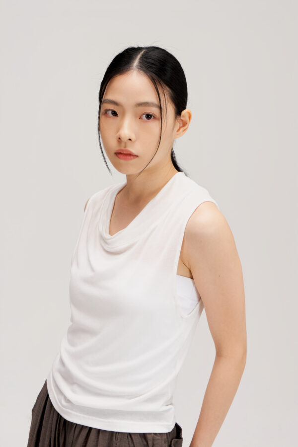 Lyocell Knit High Drape Neck Sheer Tank Top (White)