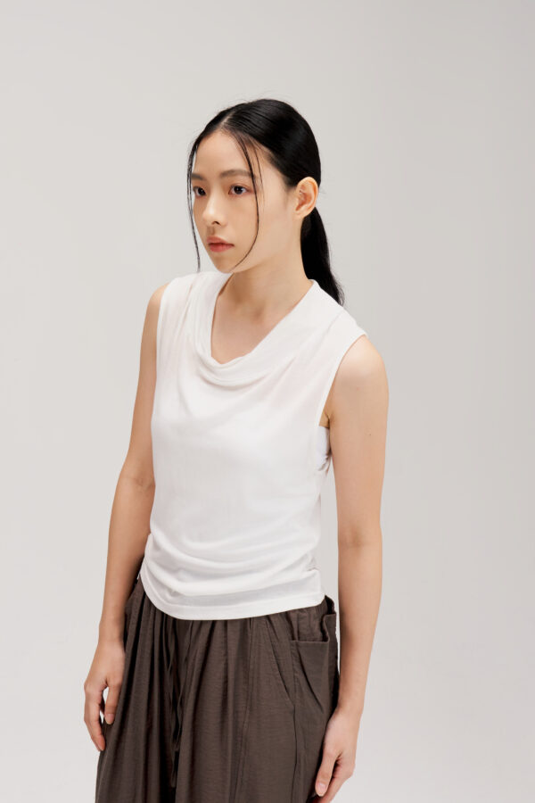 Lyocell Knit High Drape Neck Sheer Tank Top (White)