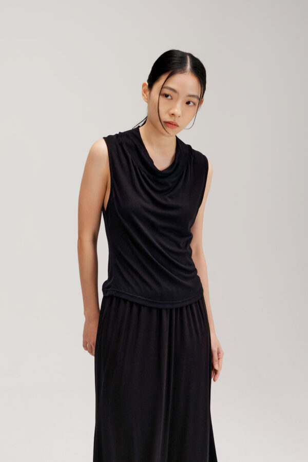 Lyocell Knit High Drape Neck Sheer Tank Top (Black)