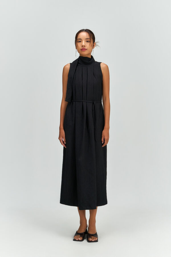 Pleated High Neck Scarf Dress (Black)
