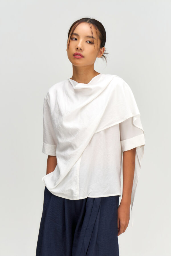 Neck-Scarf Half Sleeve Blouse (White)