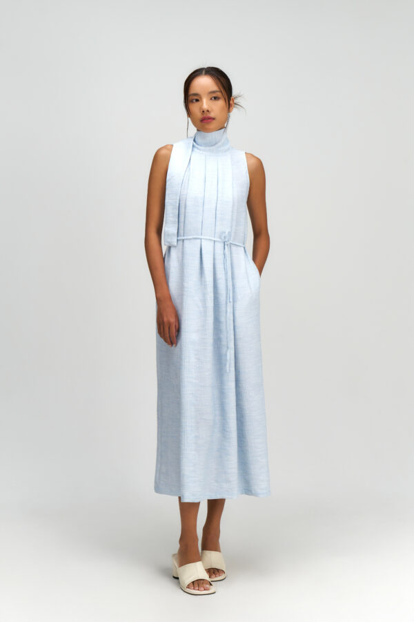Pleated High Neck Scarf Dress (Blue)