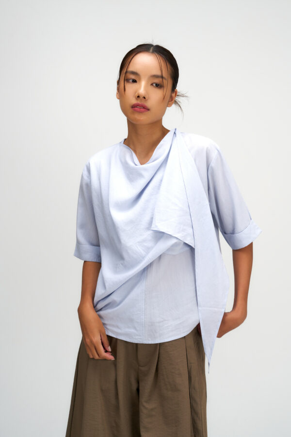 Neck-Scarf Half Sleeve Blouse (Blue)
