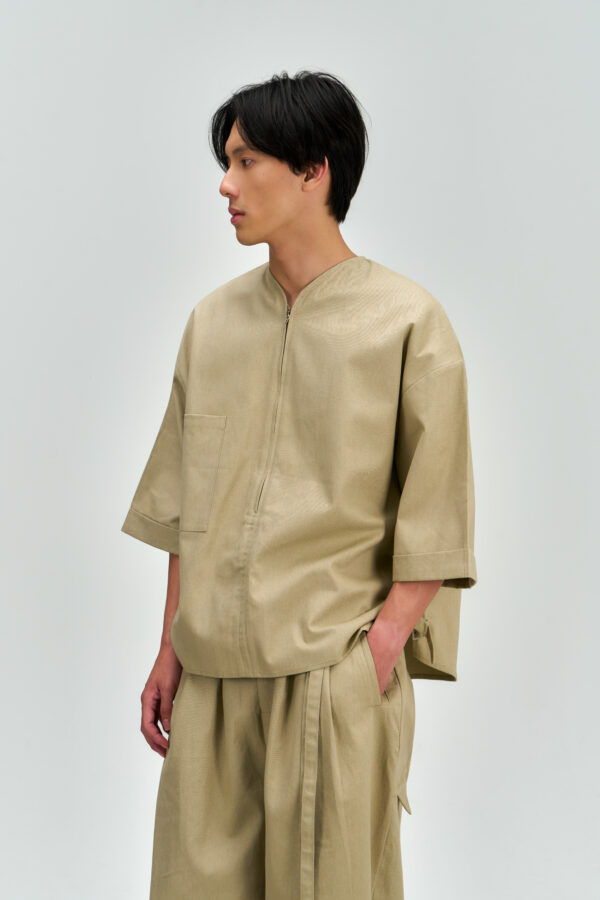 Gender Neutral Collarless Half-Zipper Shirt (Beige)