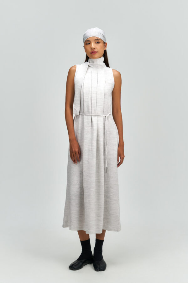 Pleated High Neck Scarf Dress (Grey)